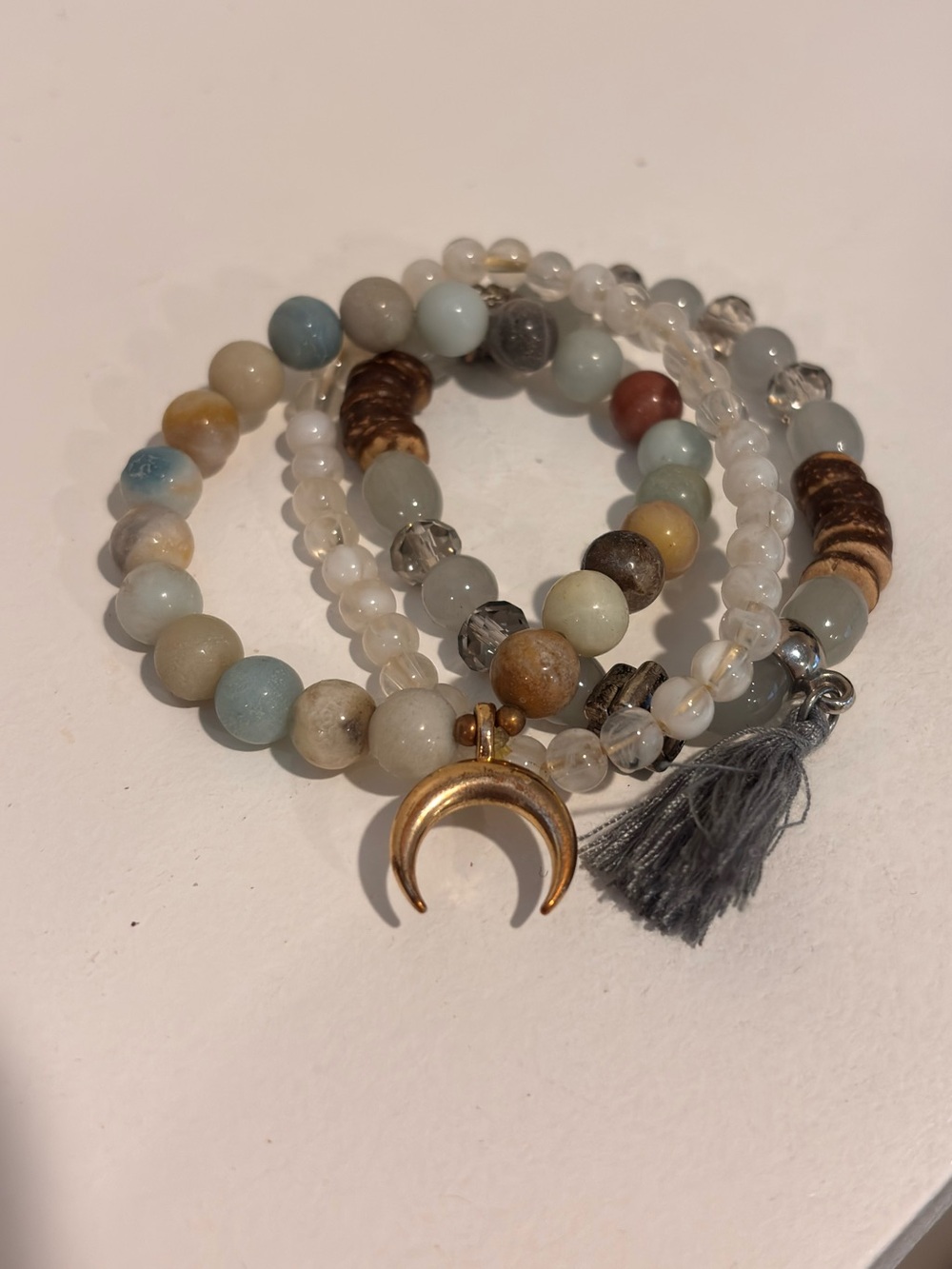 Source Unknown Multi-Strand Beaded Bracelet Set in Blue, Gray, Gold & Brown